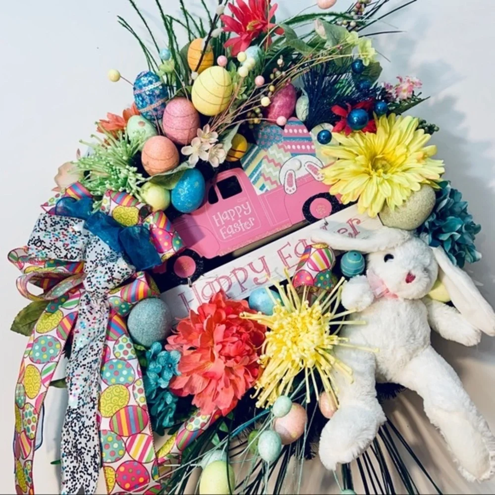 New Designer Floral Easter Lush Bunny Pick Up Truck Spring Door Wall Wreath
